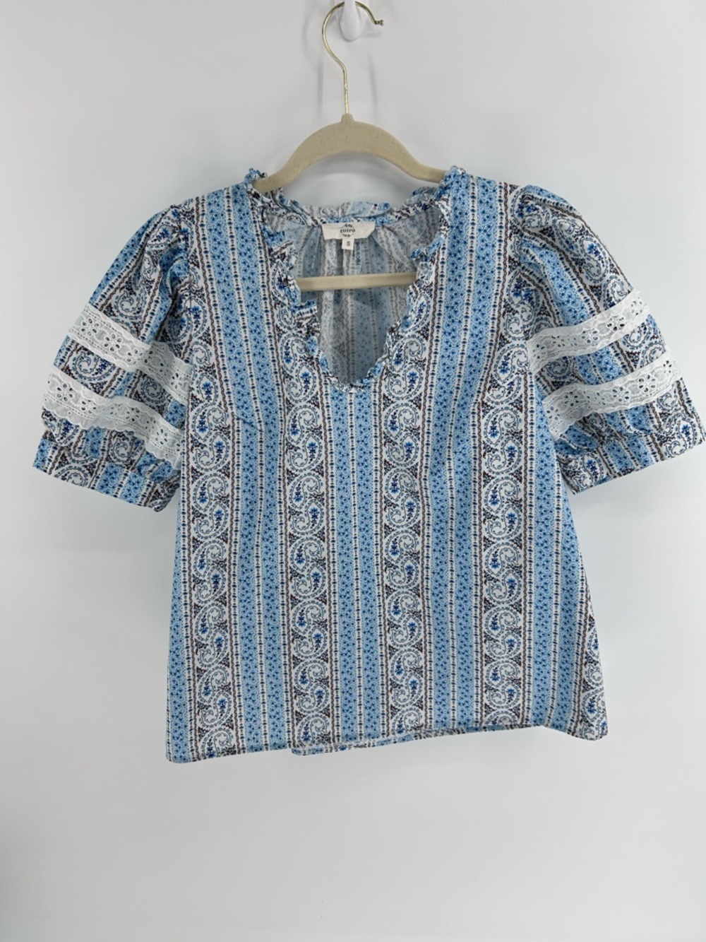 Entro Cottagecore Blue Patterned Lace-Trim Puff Sleeve Top | Small
